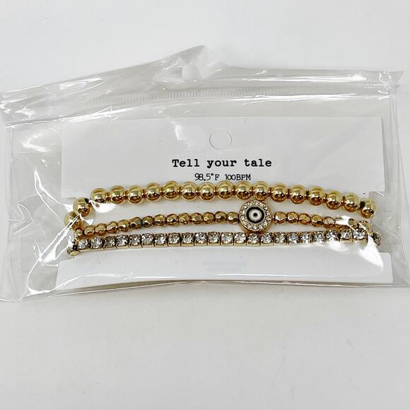 New Tell Your Tale Set of 3 Bracelets Gold Tone Beaded Rhinestone Boho Stackable - Picture 4 of 4